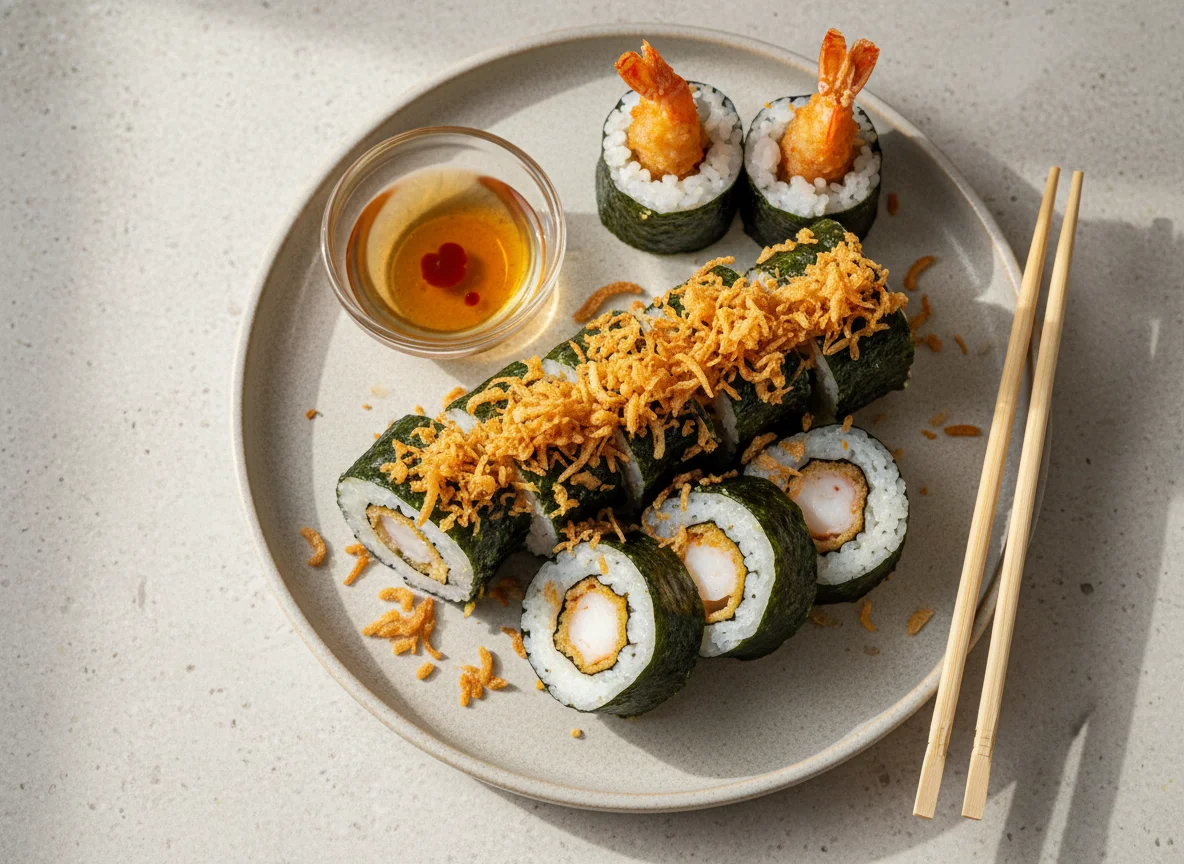 Rollos de sushi con tempura y cebolla crujiente photo