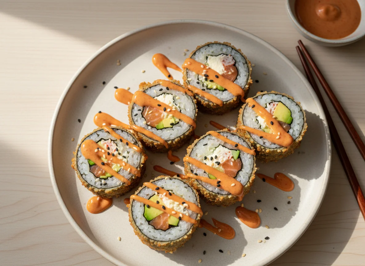 Rollos de sushi fritos con salsa picante photo