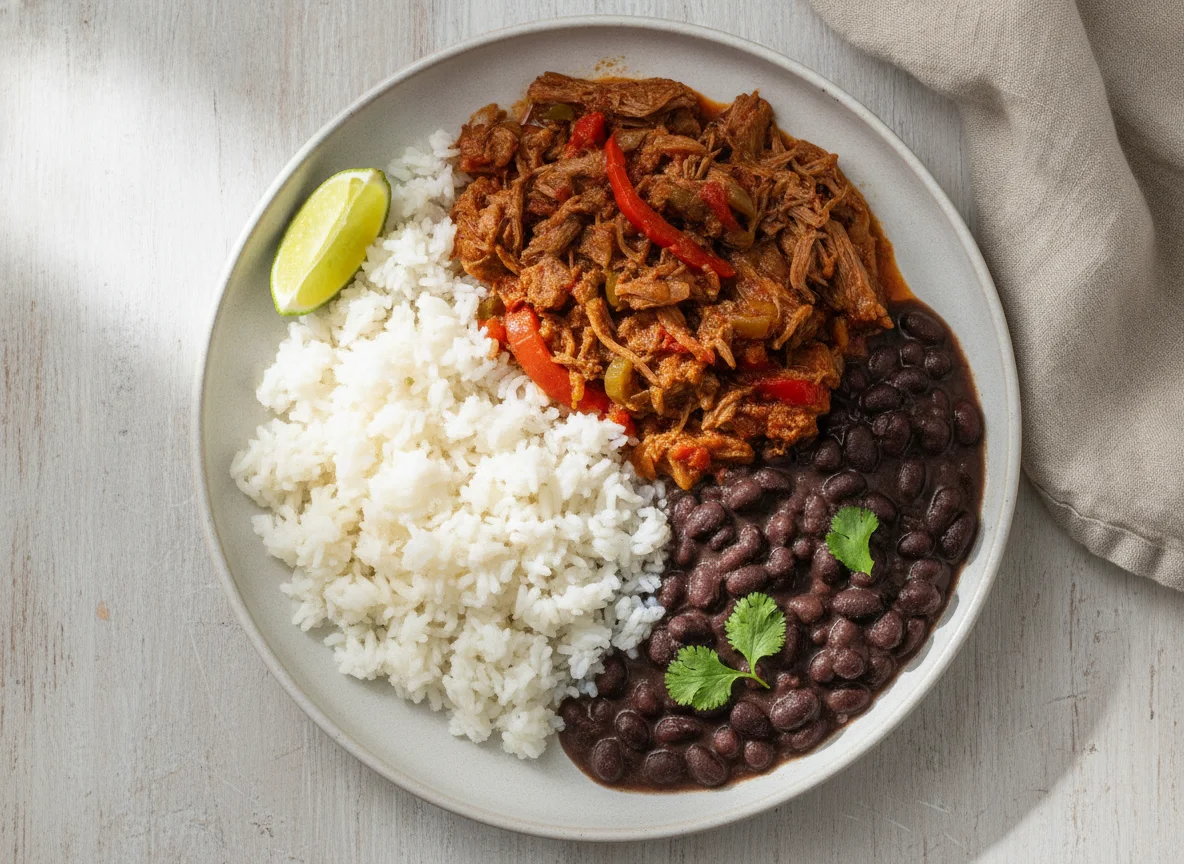 Ropa vieja con arroz y frijoles photo