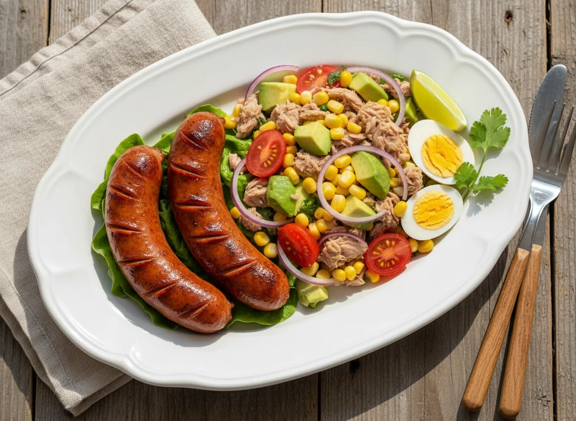 Salchicha a la parrilla con ensalada de atún y aguacate photo