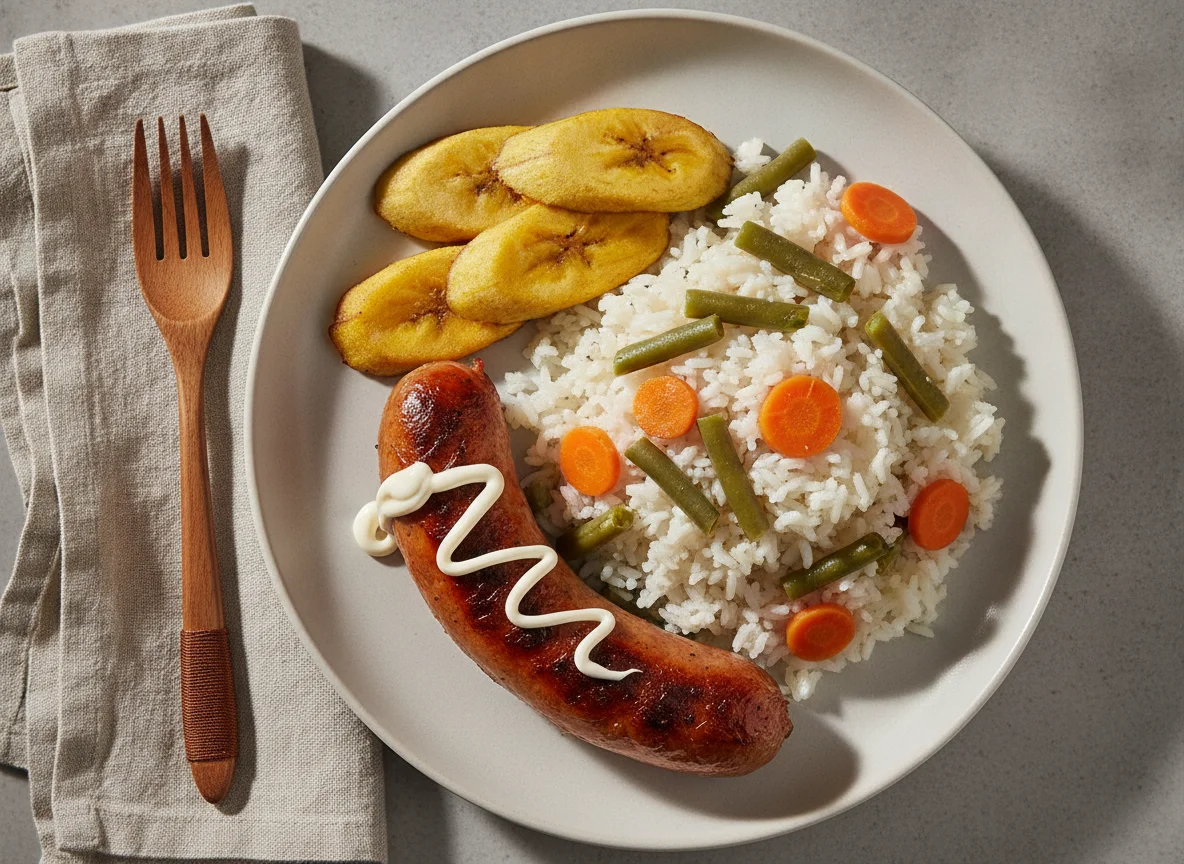 Salchicha asada con arroz y verduras photo