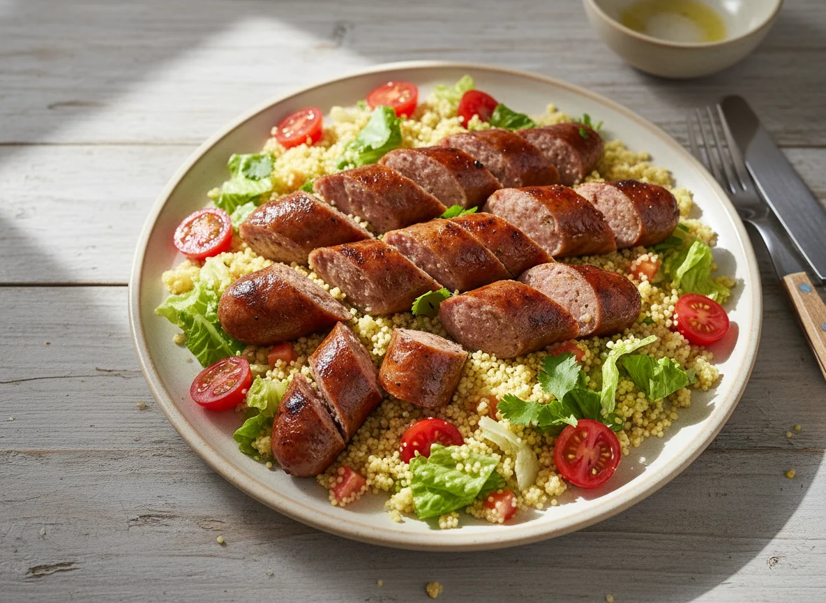 Salchicha con ensalada de cuscús y tomate photo
