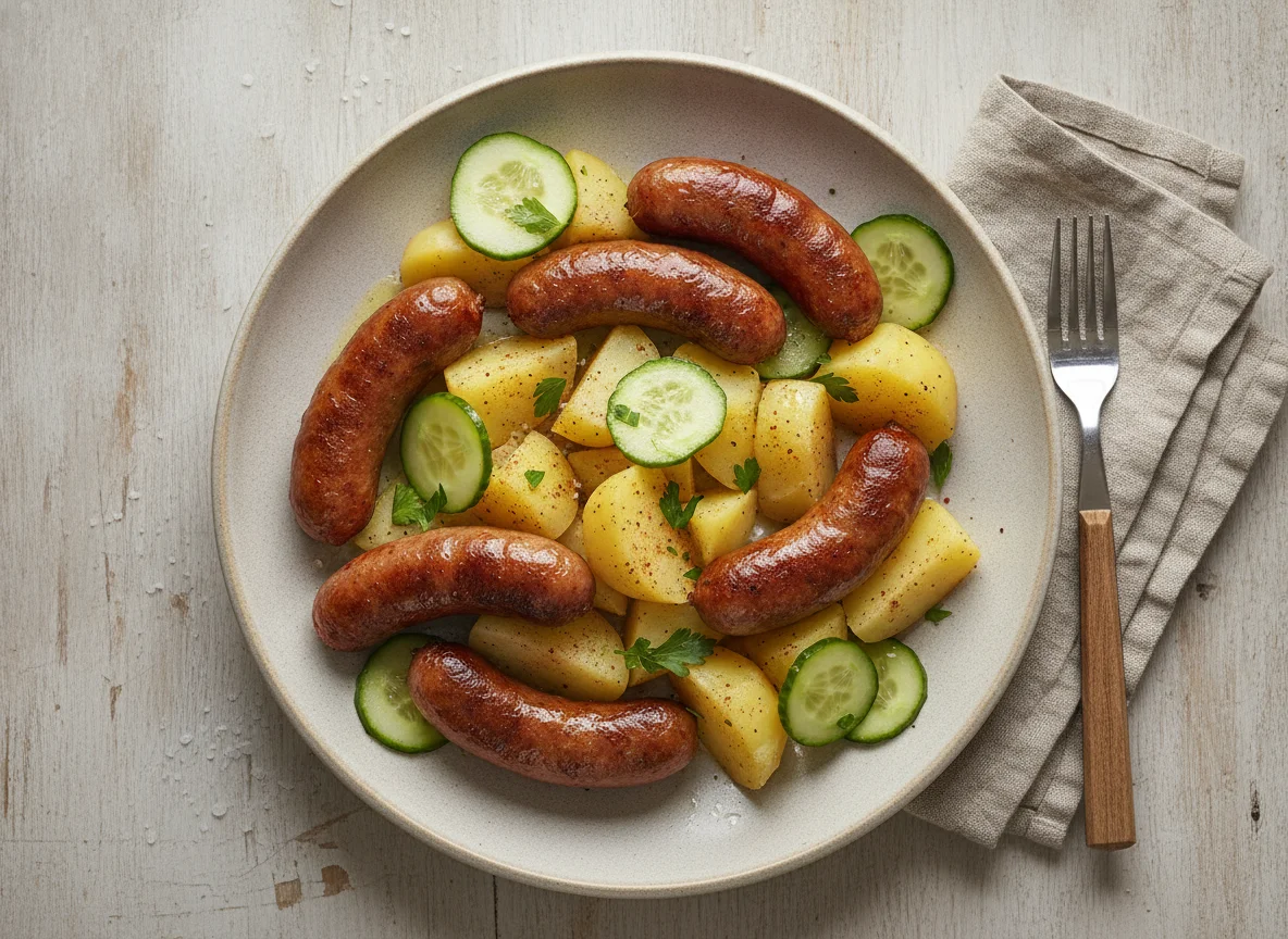 Salchicha con patatas cocidas y pepino photo