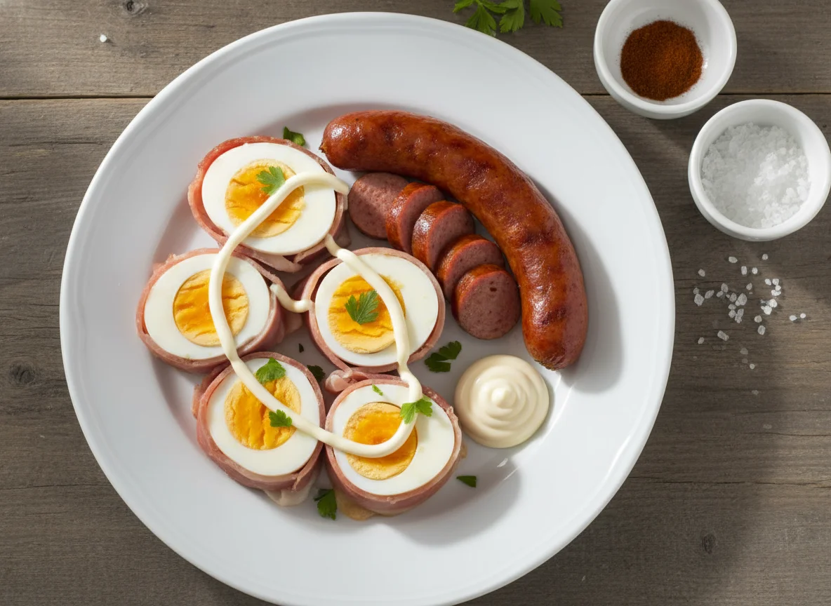 Salchicha y medallones de huevo con jamón photo