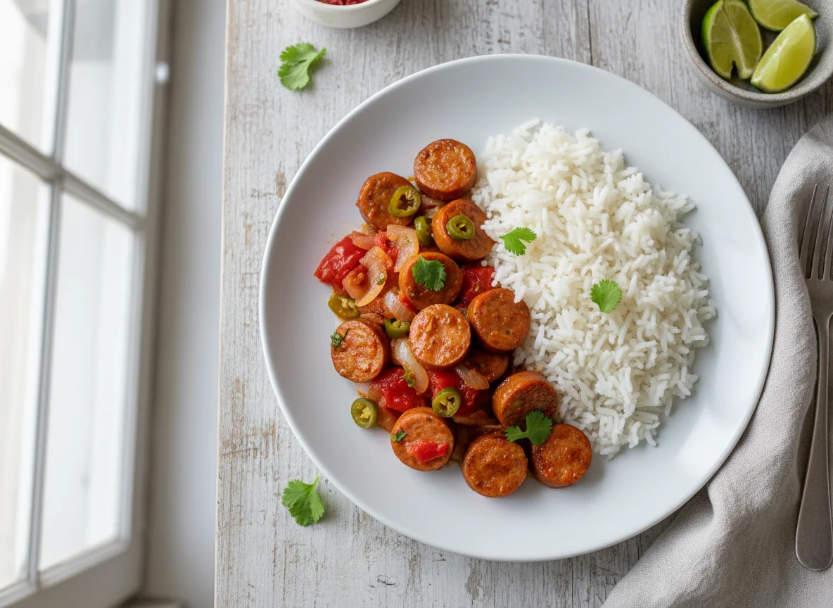 Salchichas a la mexicana con arroz blanco photo