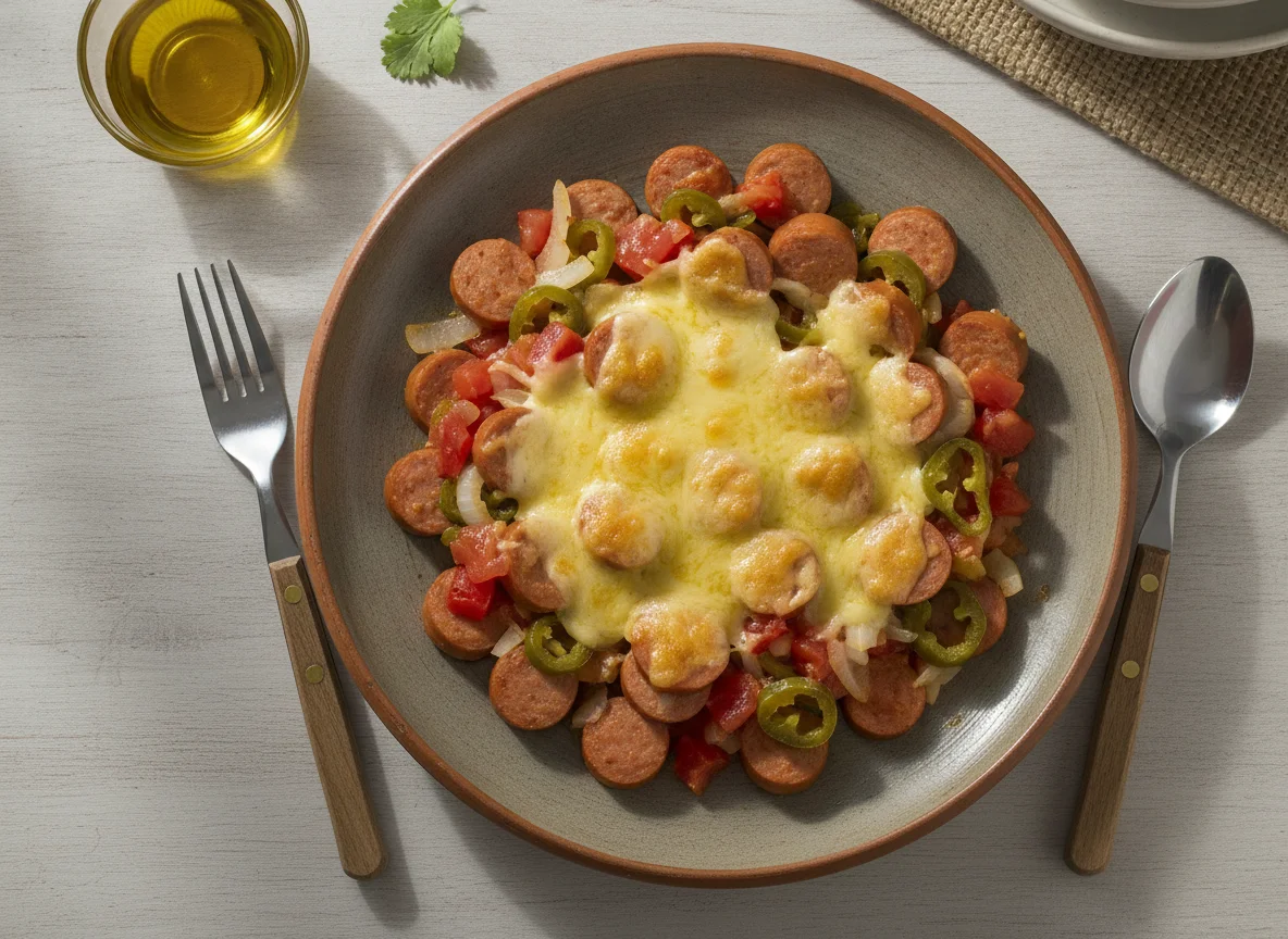Salchichas a la mexicana con queso photo