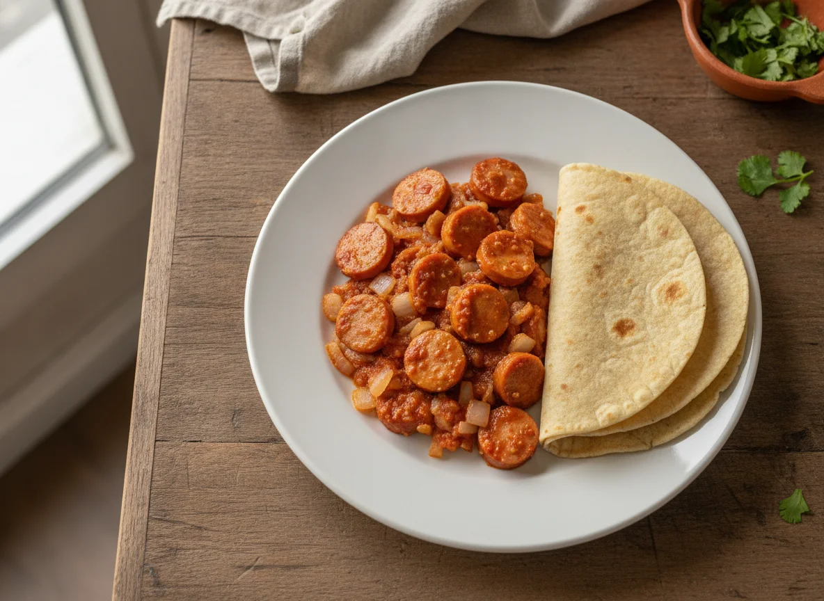 Salchichas a la mexicana con tortilla photo