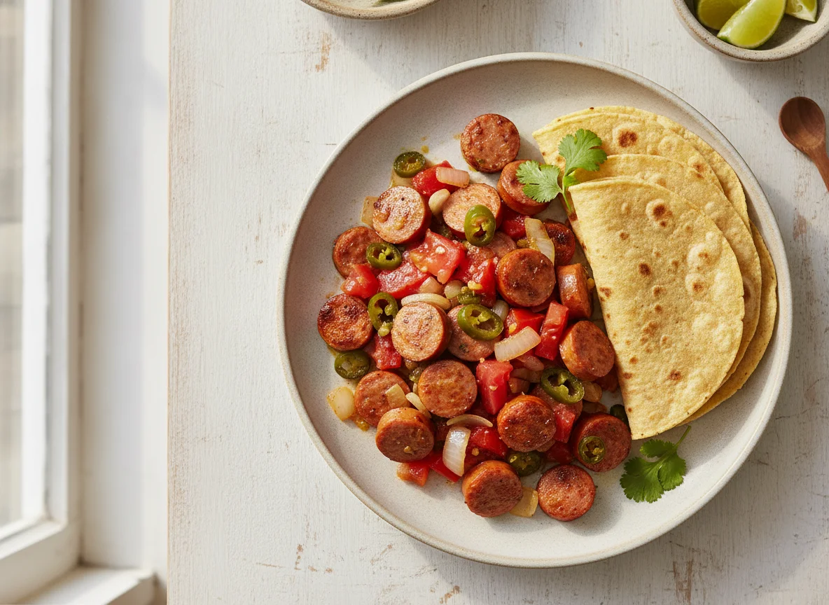 Salchichas a la mexicana con tortillas photo