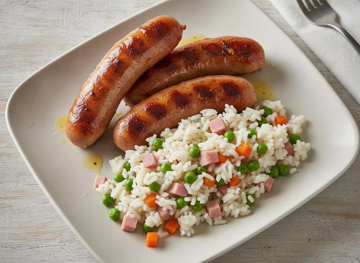 Salchichas a la plancha con arroz tres delicias photo