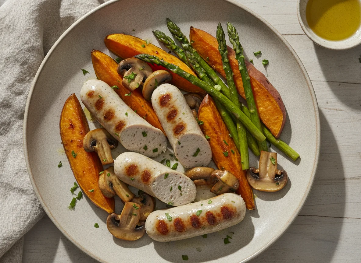 Salchichas blancas con boniato, espárragos y champiñones photo