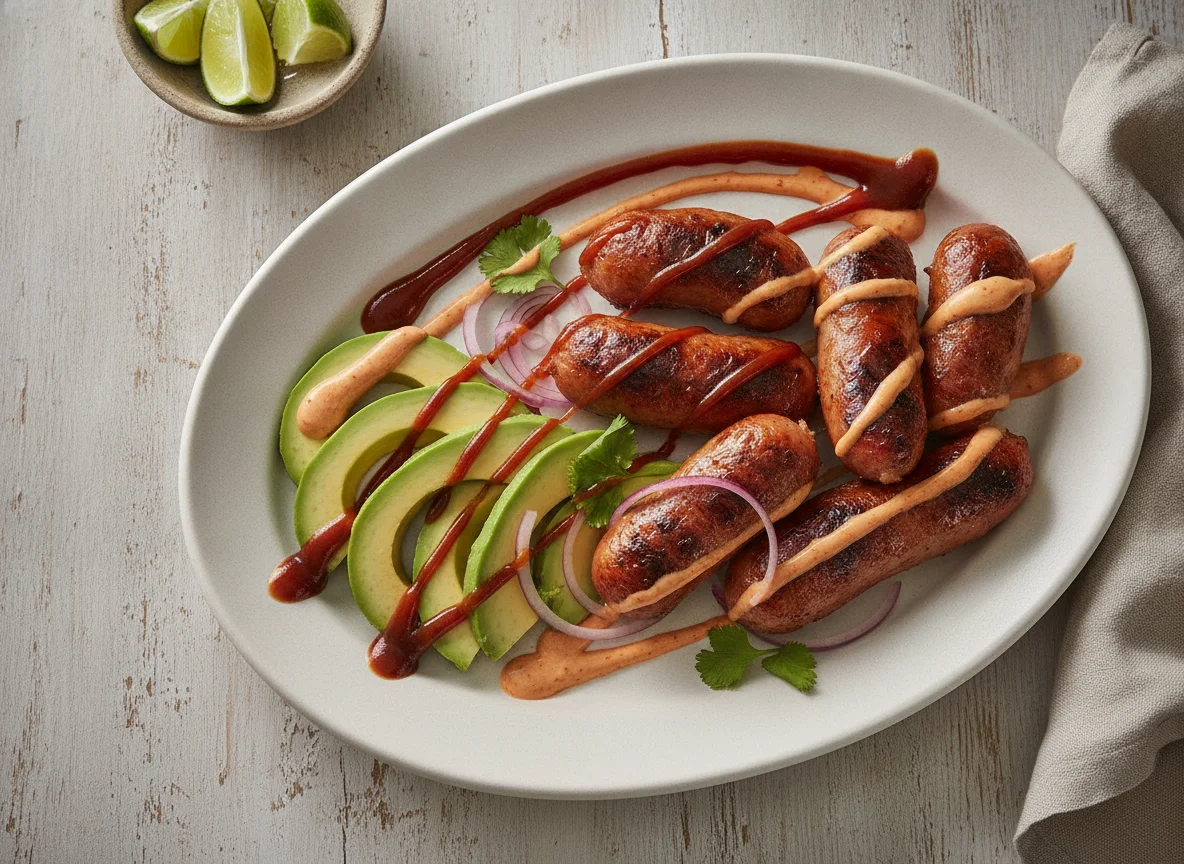 Salchichas con aguacate y aderezos photo