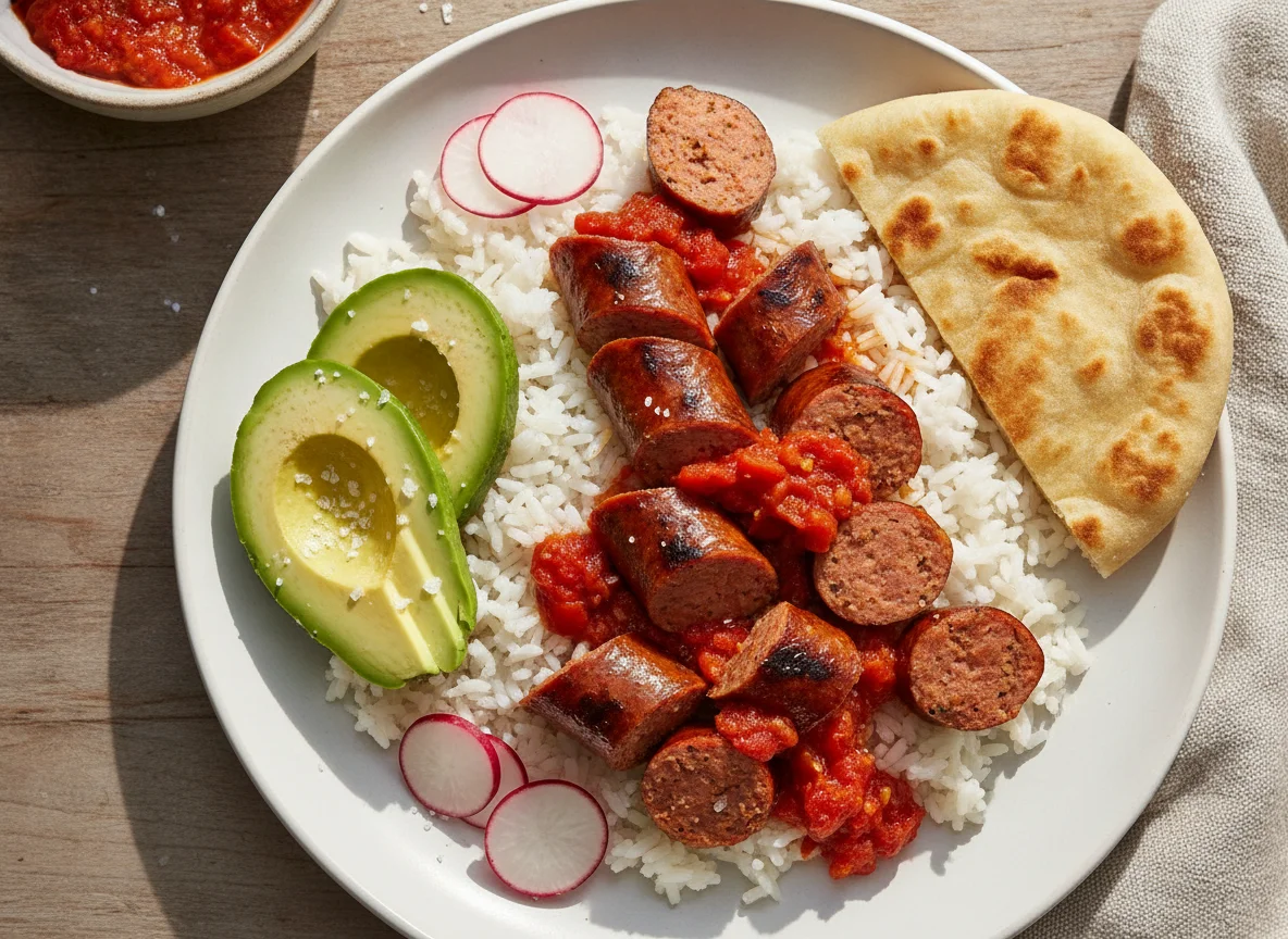 Salchichas con arroz, aguacate y pan photo