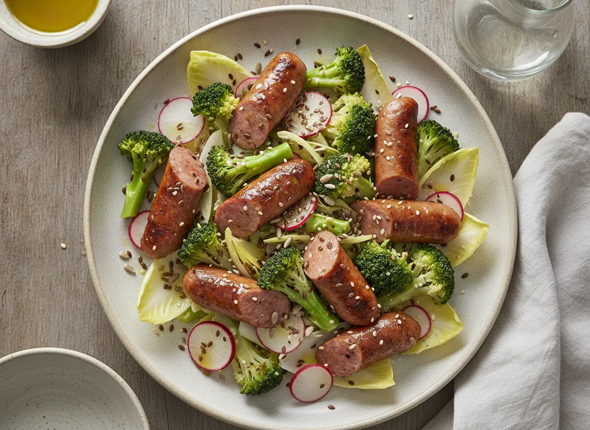 Salchichas con brócoli, rabanitos y ensalada de endivias photo