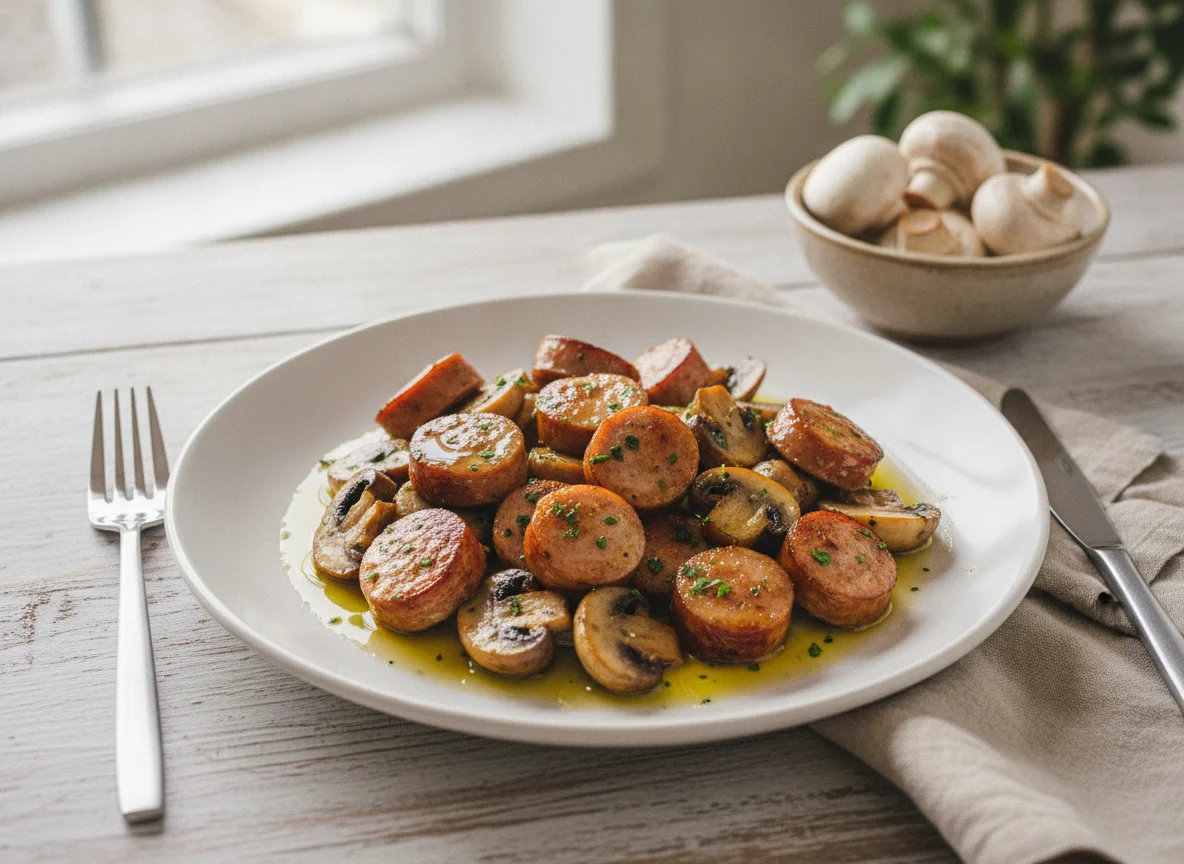 Salchichas con champiñones photo