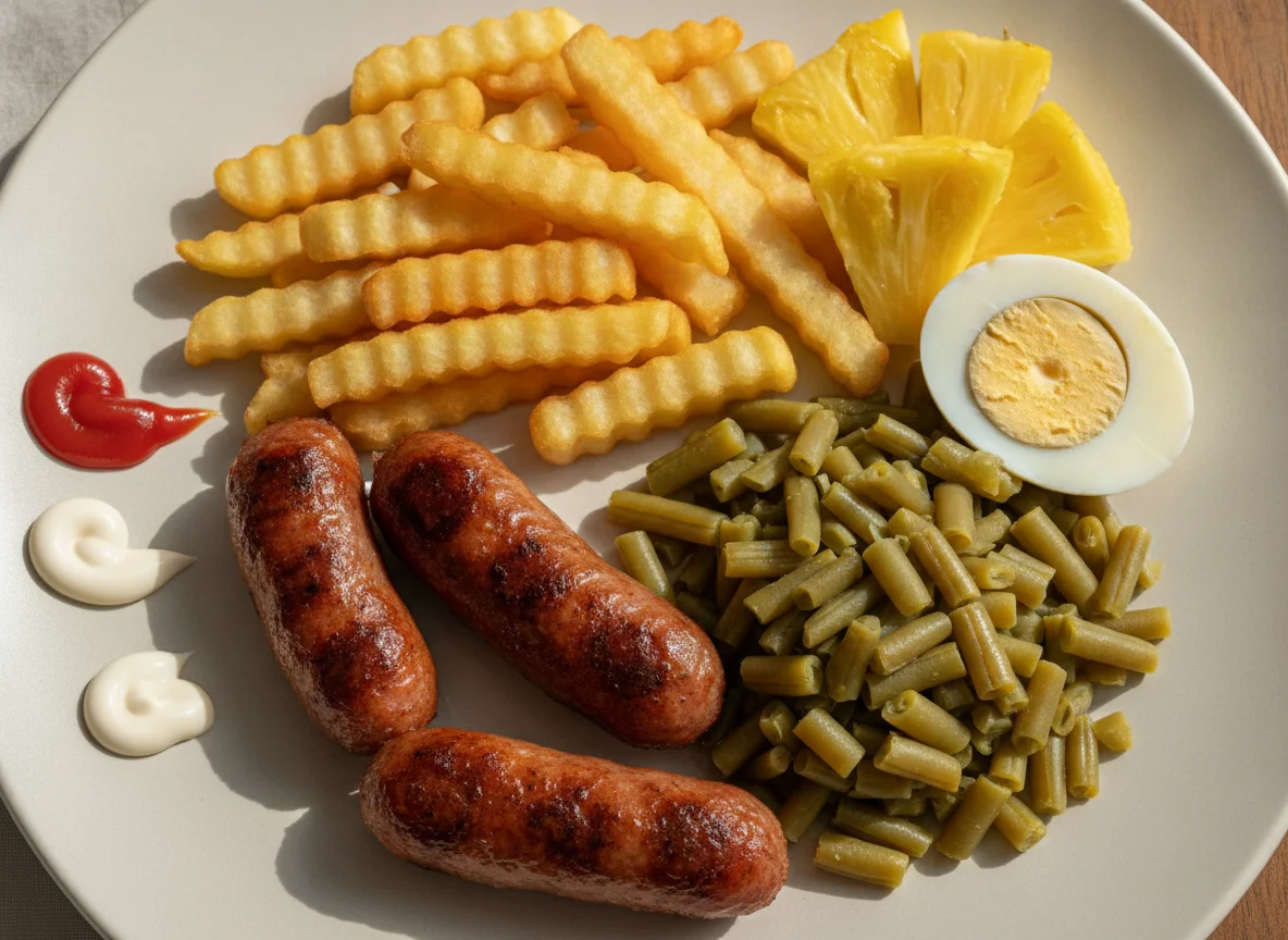 Salchichas con papas fritas, ejotes, huevo cocido y piña photo