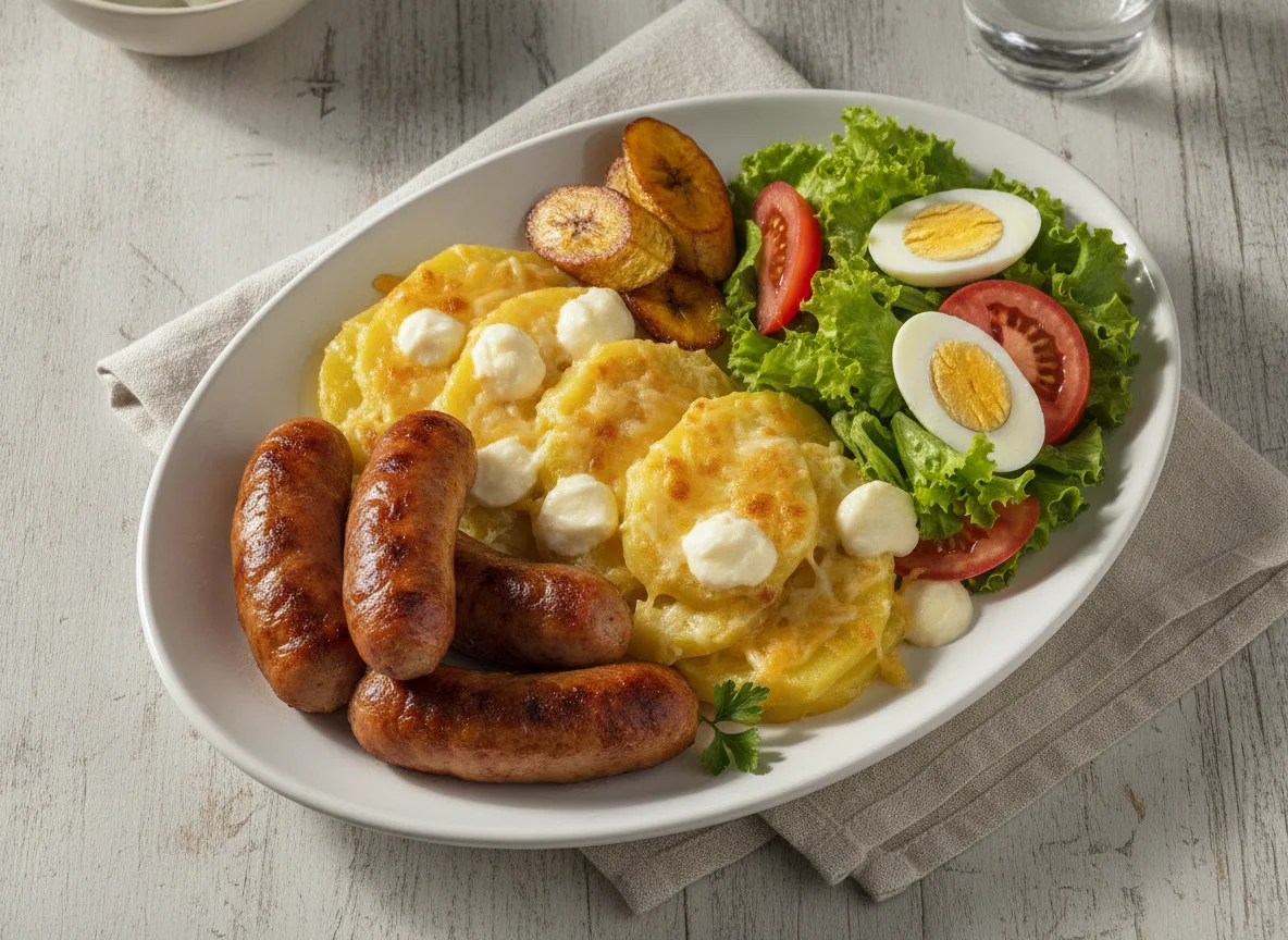 Salchichas con papas gratinadas y ensalada photo