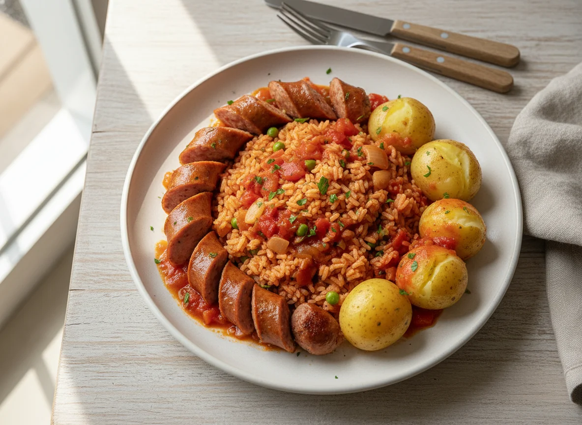 Salchichas con papas y arroz rojo photo