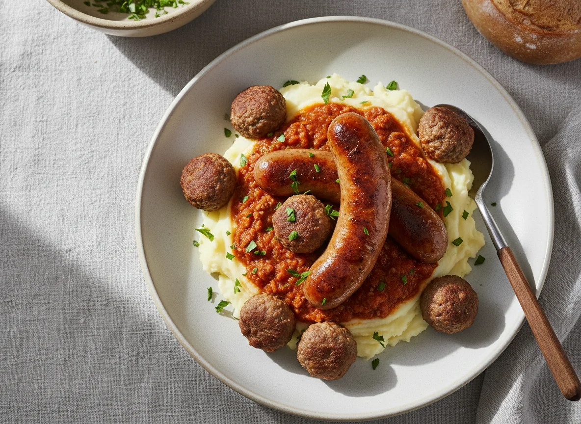 Salchichas con puré de papas y albóndigas en salsa photo