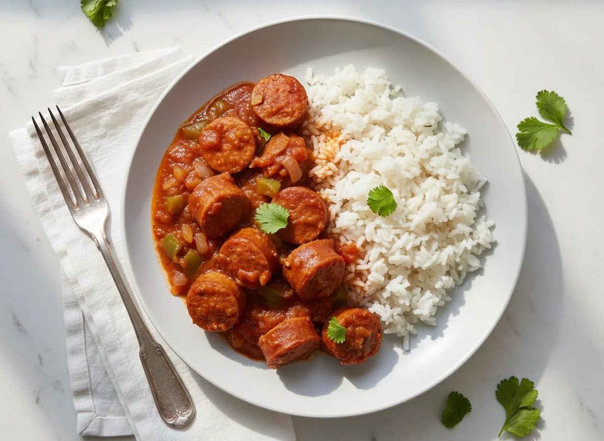 Salchichas guisadas con arroz blanco photo