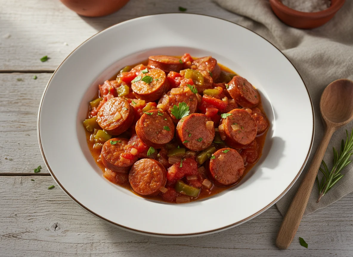 Salchichas guisadas con tomate y pimiento photo
