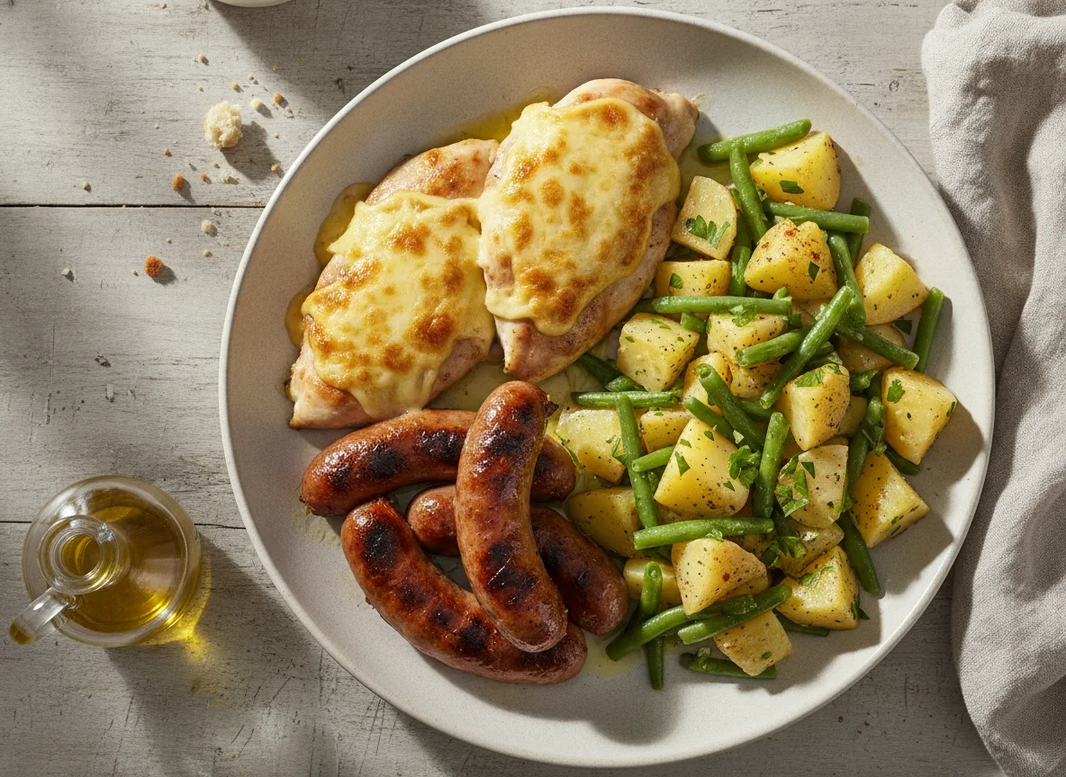 Salchichas, pechuga de pollo con queso y ensalada de patatas con judías verdes photo