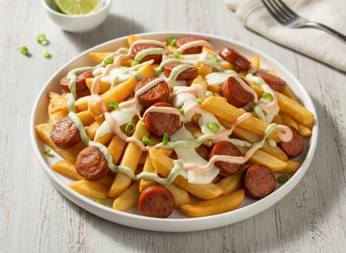 Salchipapa con queso y salsas photo