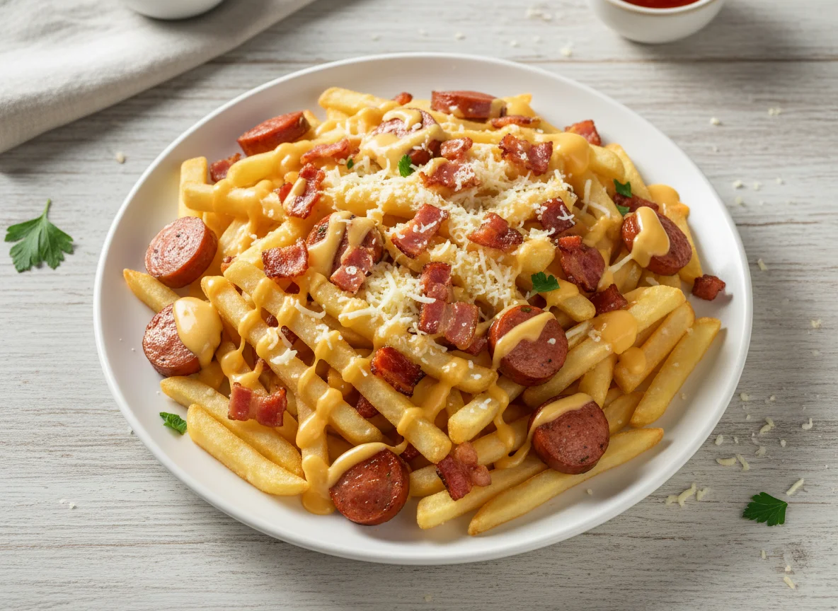Salchipapa especial con tocineta y queso photo