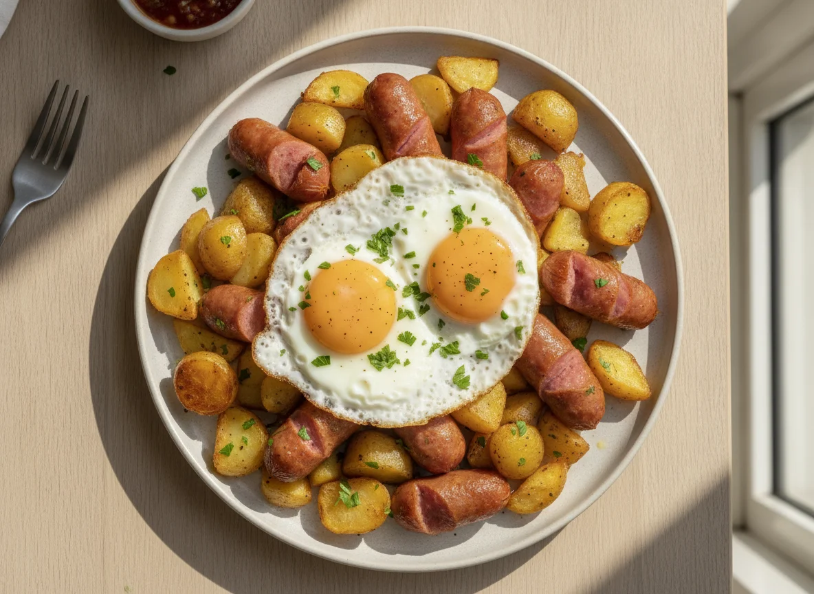 Salchipapas con huevo photo