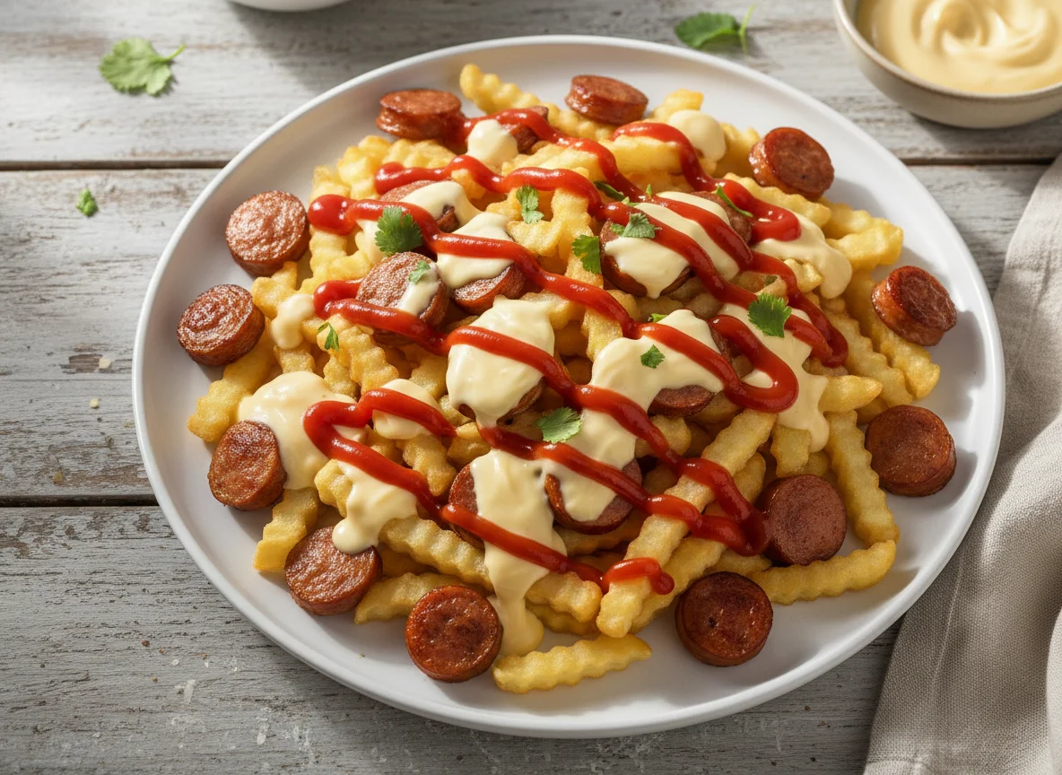 Salchipapas con queso y kétchup photo