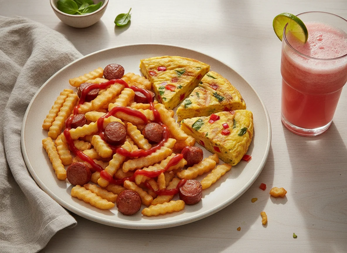 Salchipapas con tortilla y jugo photo