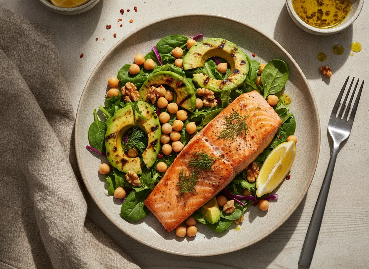Salmón a la parrilla con ensalada de garbanzos y aguacate photo