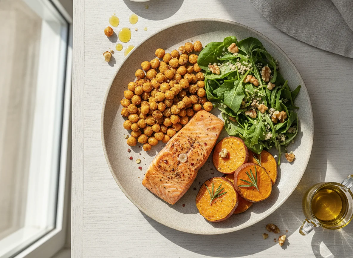 Salmón a la parrilla con ensalada, garbanzos y boniato photo