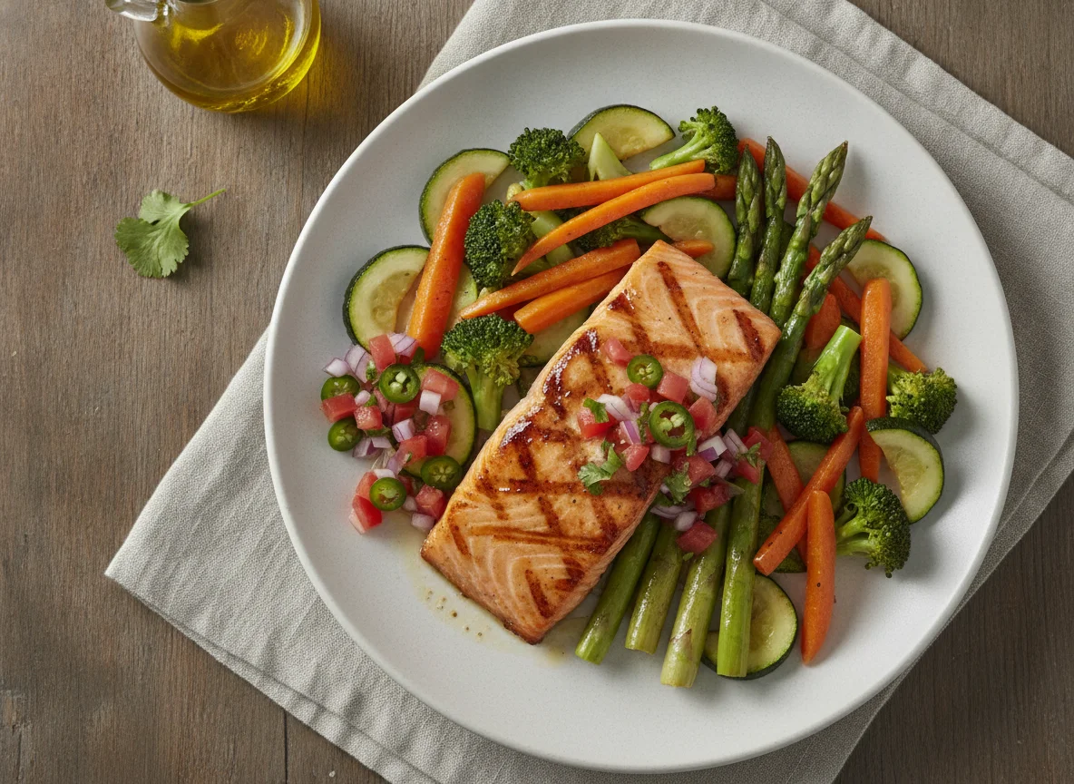 Salmón a la parrilla con espárragos y verduras salteadas photo