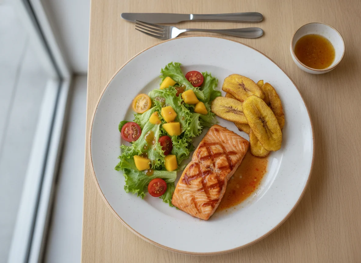 Salmón a la parrilla con tajadas de plátano y ensalada photo