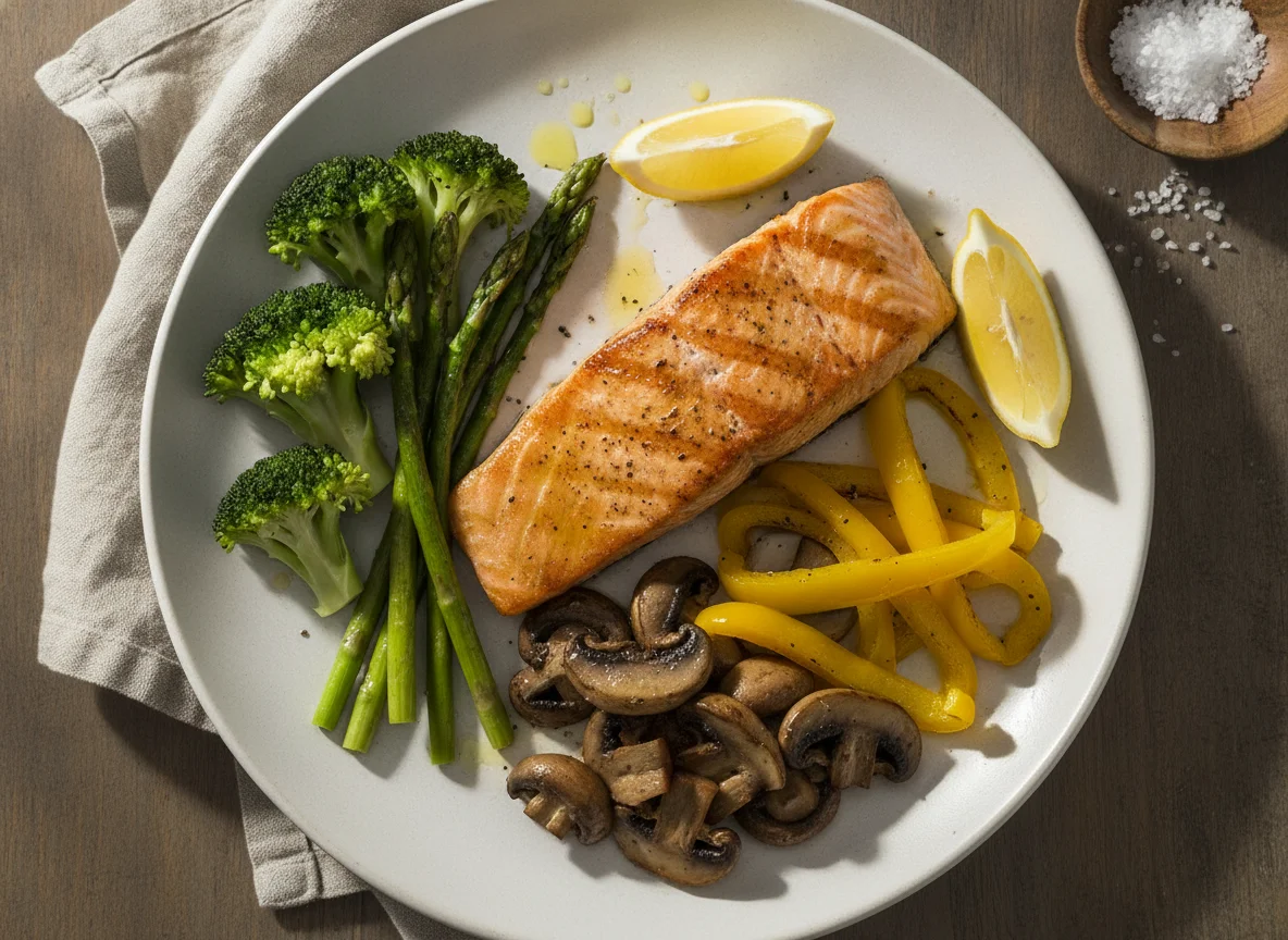 Salmón a la parrilla con vegetales photo