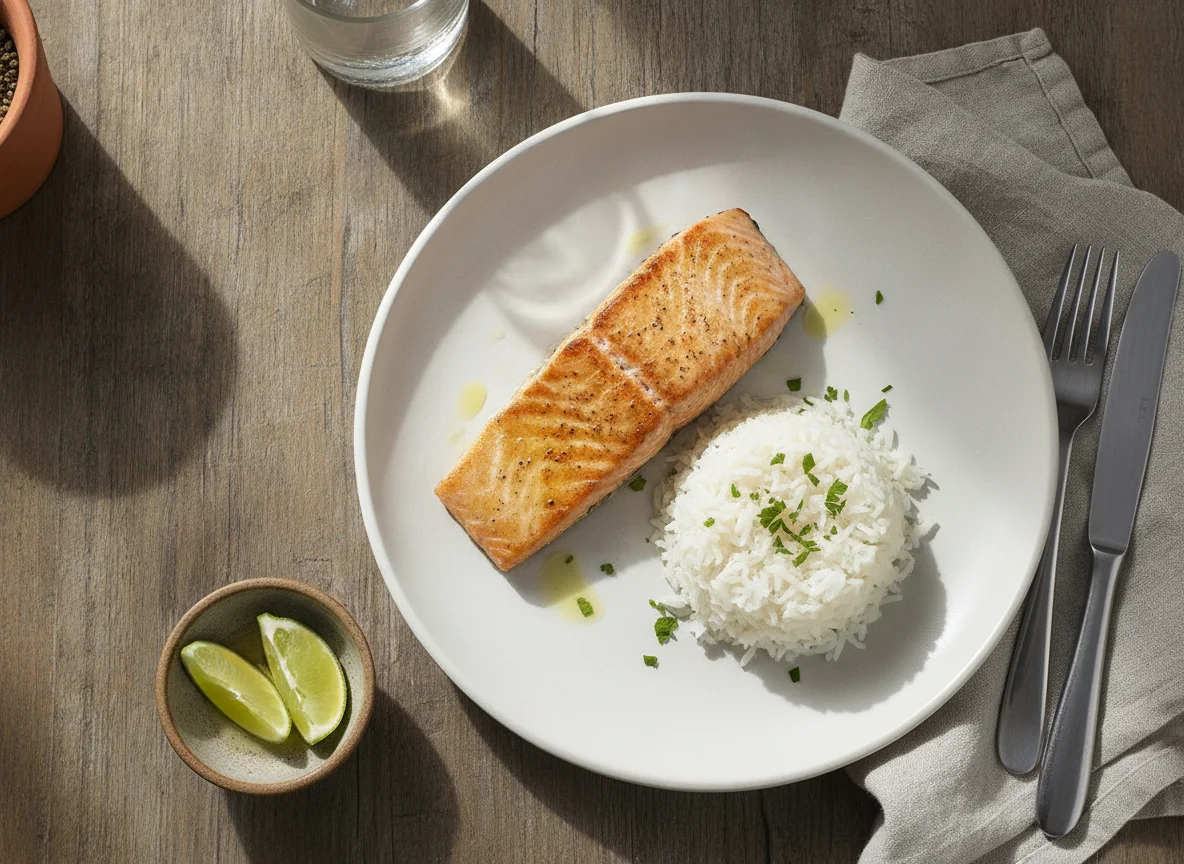 Salmón a la plancha con arroz blanco photo