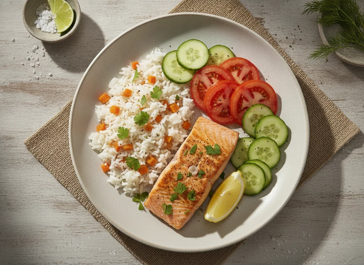 Salmón a la plancha con arroz blanco y ensalada photo