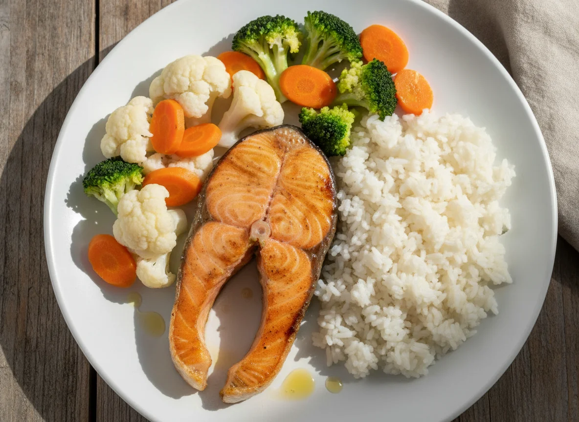 Salmón a la plancha con arroz blanco y verduras al vapor photo