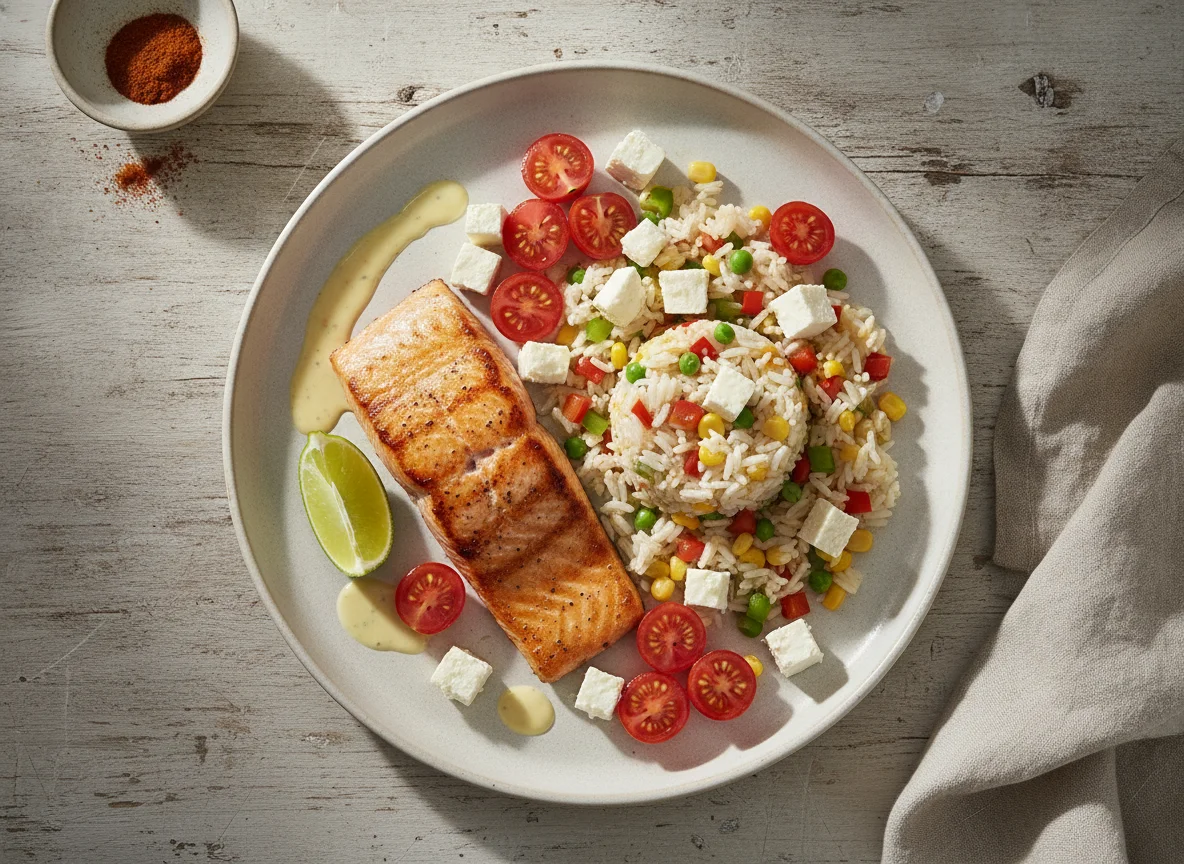 Salmón a la plancha con arroz, verduras, tomates cherry y queso fresco photo