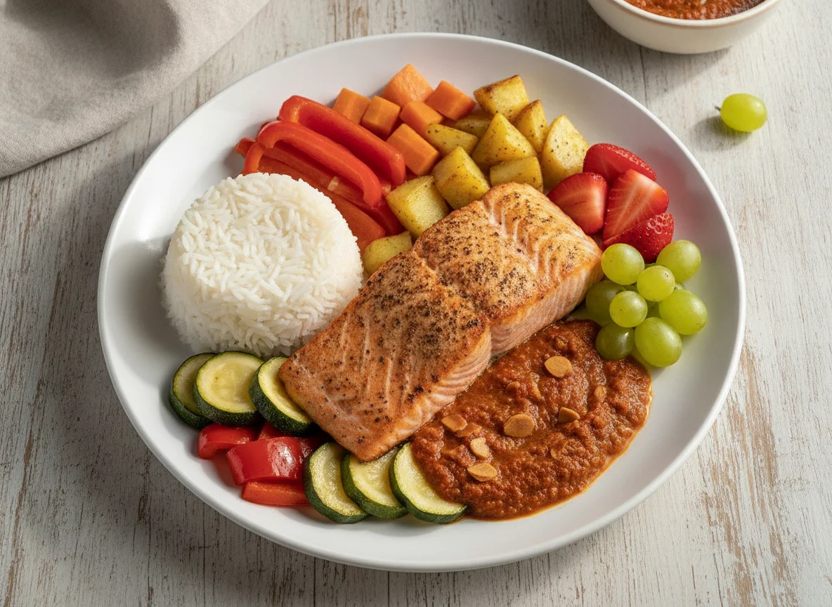 Salmón a la plancha con arroz, verduras y fruta photo
