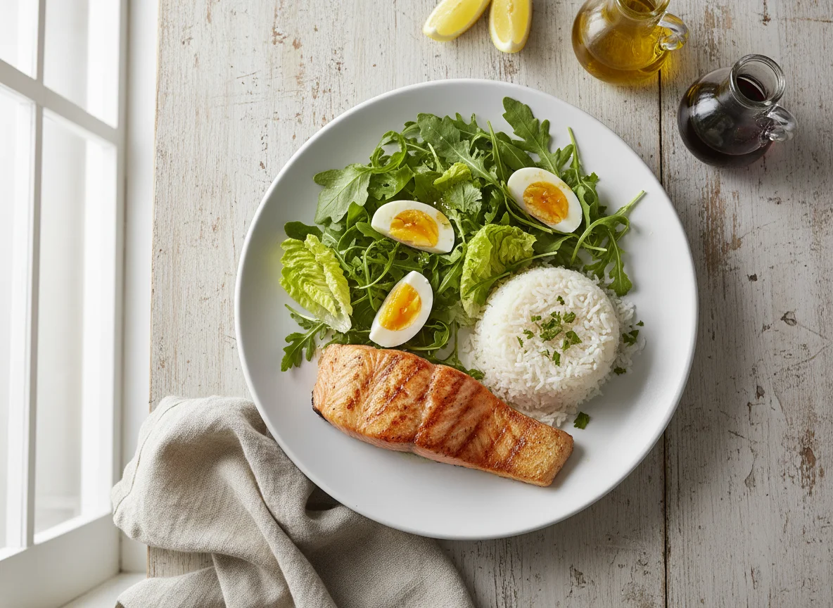 Salmón a la plancha con arroz y ensalada photo