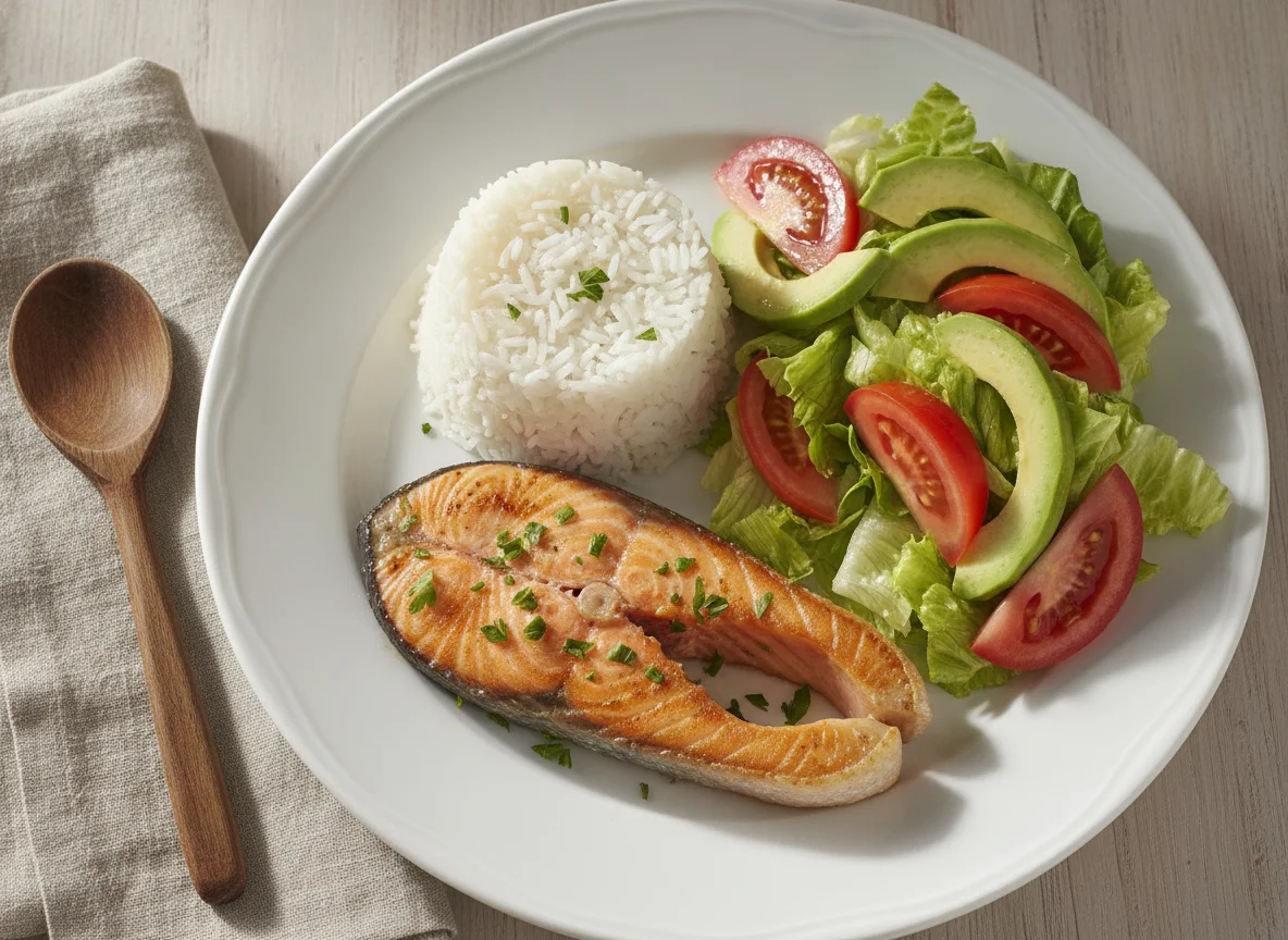 Salmón a la plancha con arroz y ensalada de palta photo