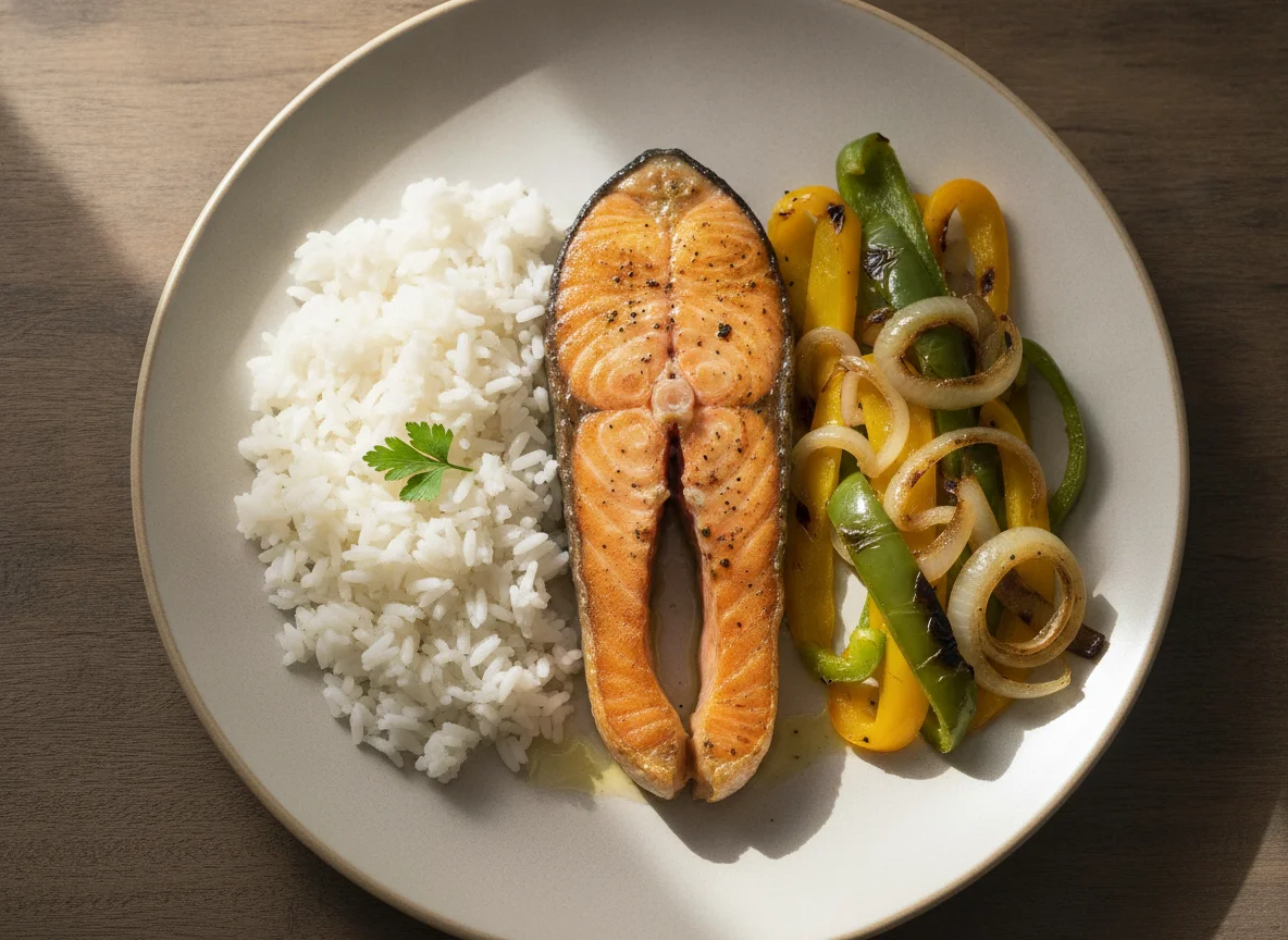 Salmón a la plancha con arroz y verduras photo