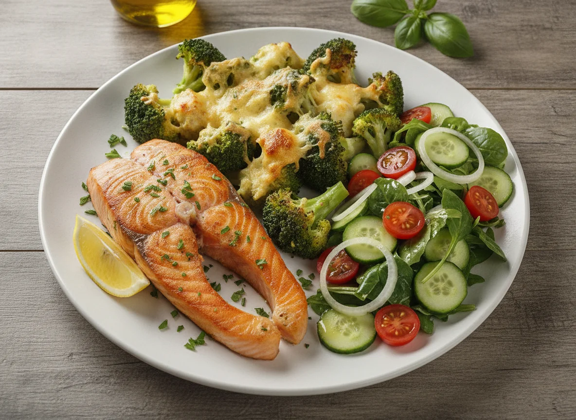 Salmón a la plancha con brócoli gratinado y ensalada fresca photo