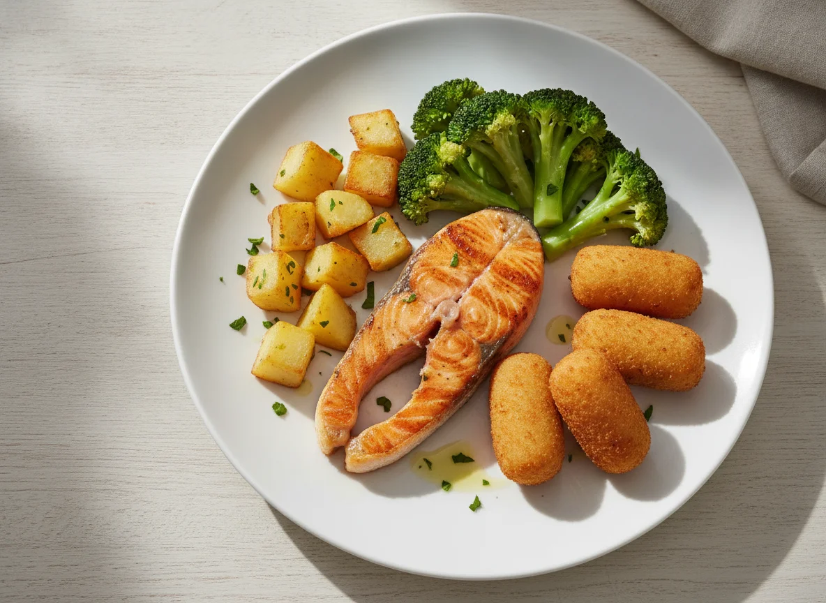 Salmón a la plancha con brócoli, patatas y croquetas photo