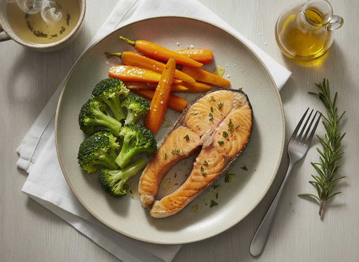 Salmón a la plancha con brócoli, zanahorias y té verde photo