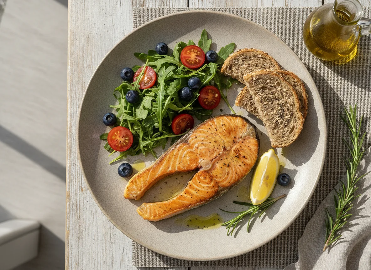 Salmón a la plancha con ensalada de rúcula y tomate photo