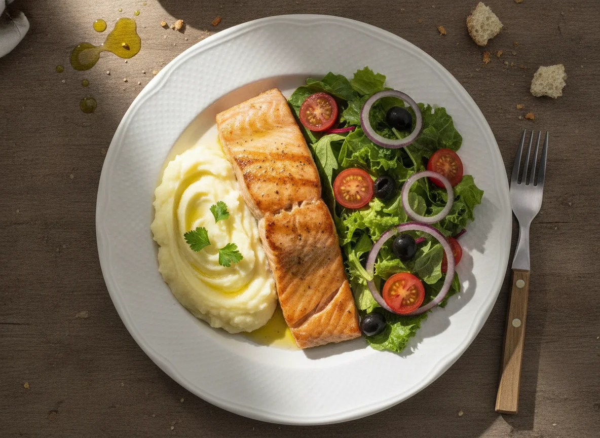 Salmón a la plancha con ensalada mixta y puré photo