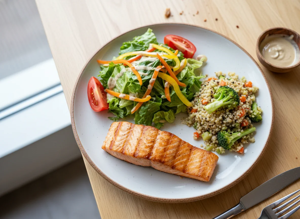 Salmón a la plancha con ensalada y guarnición de granos photo