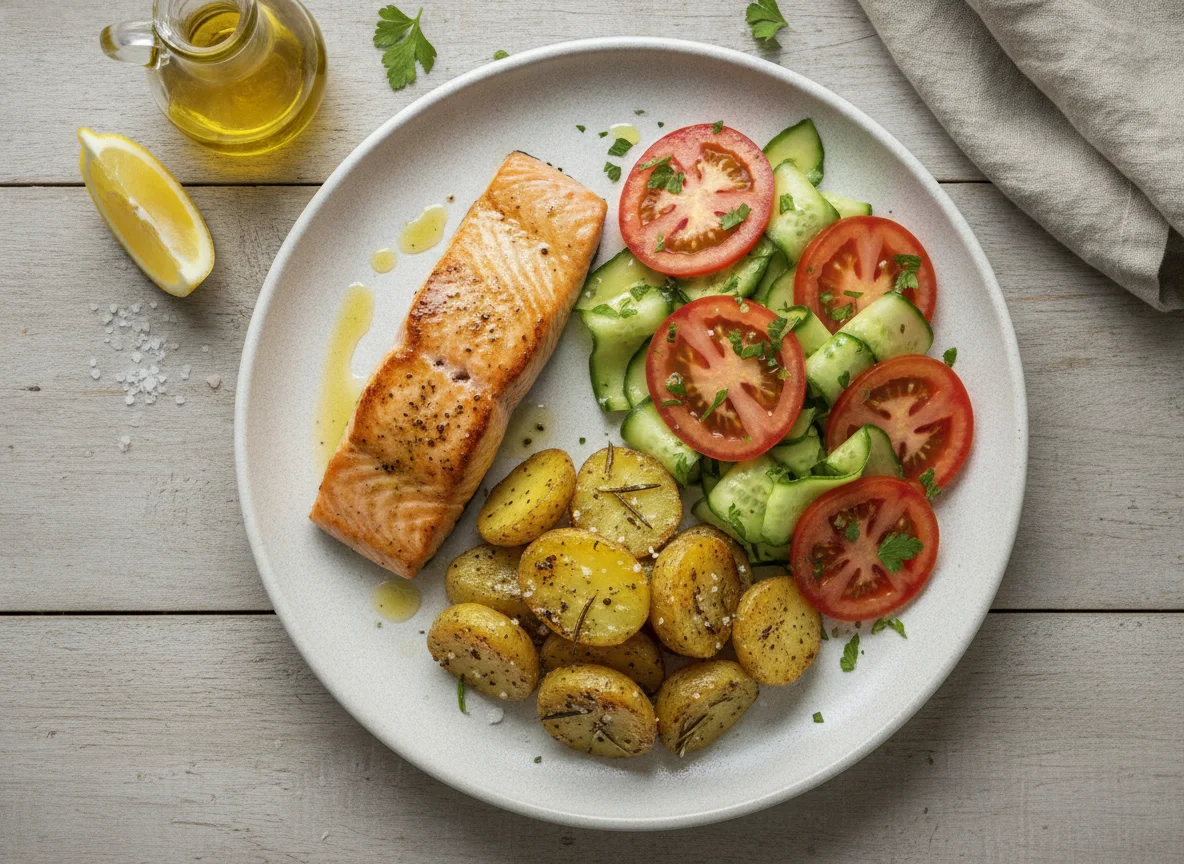 Salmón a la plancha con ensalada y patatas asadas photo
